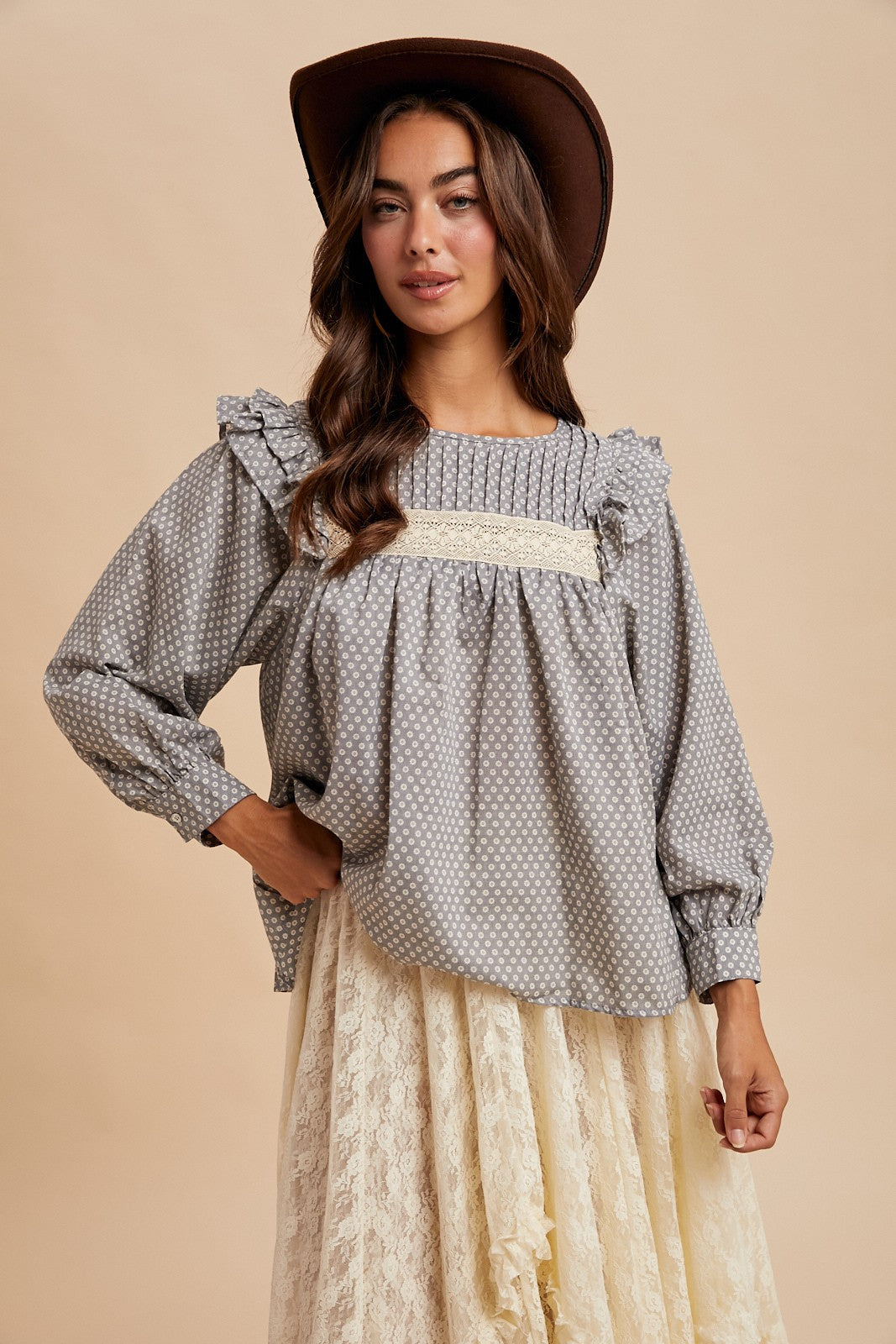 Grey Pintuck Smocked Blouse