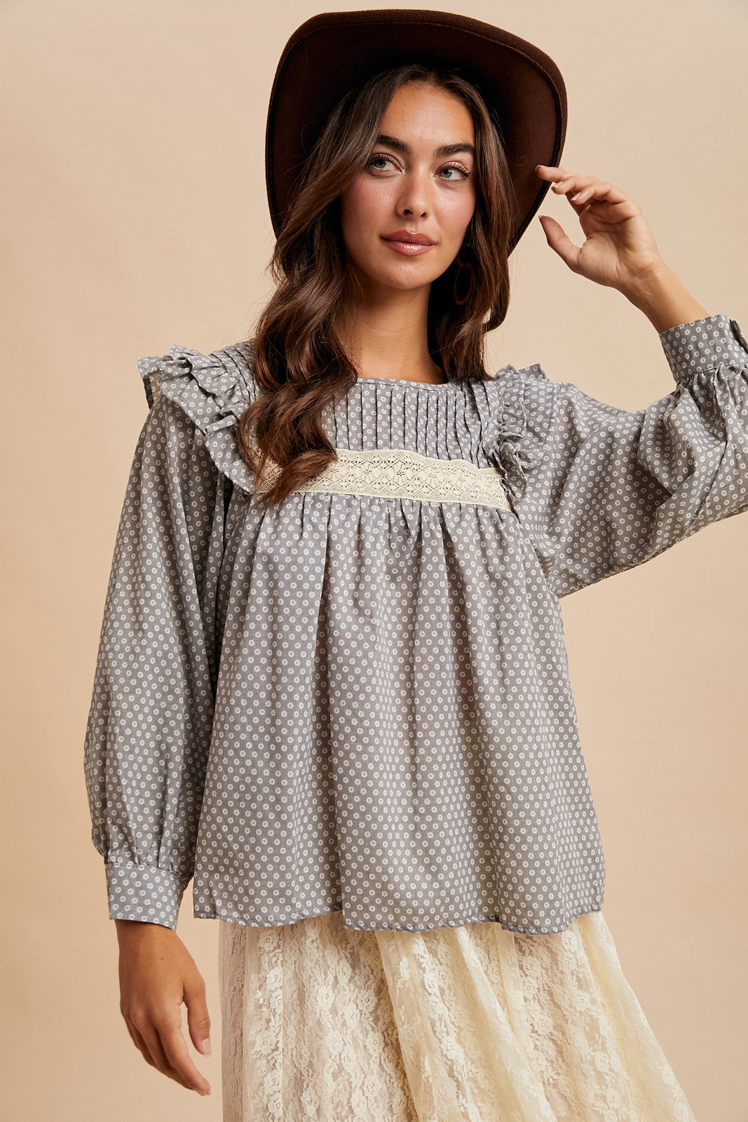 Grey Pintuck Smocked Blouse