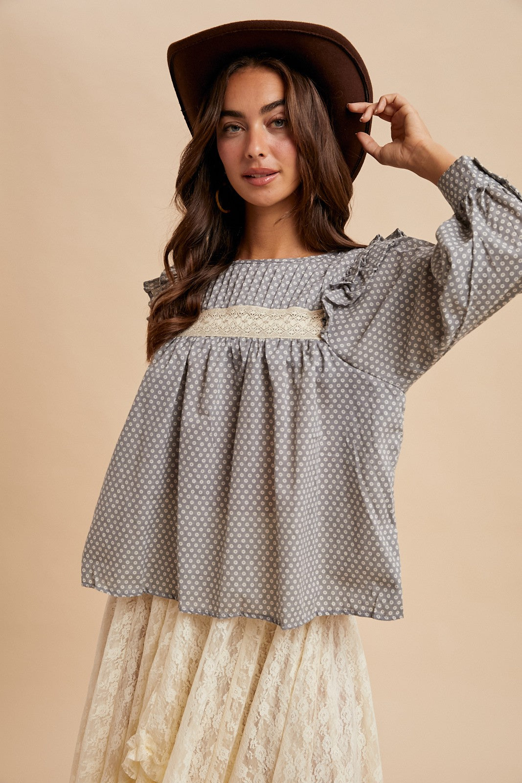 Grey Pintuck Smocked Blouse