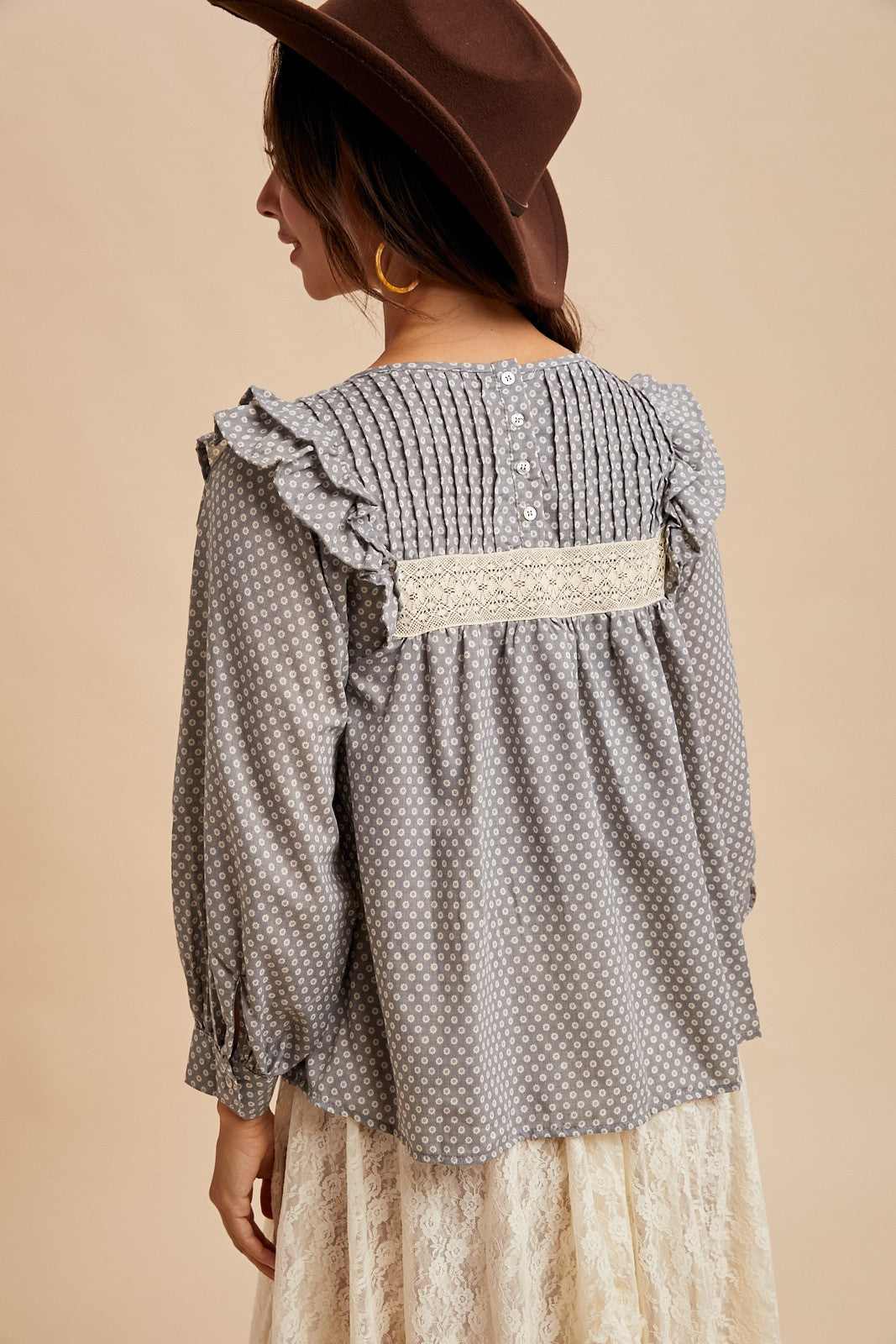 Grey Pintuck Smocked Blouse