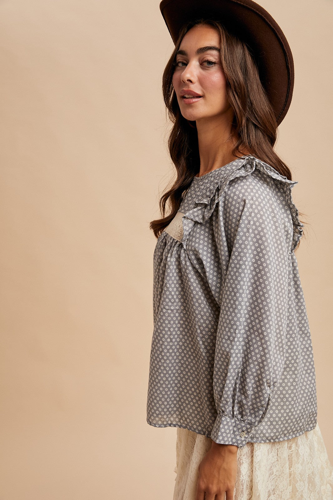 Grey Pintuck Smocked Blouse