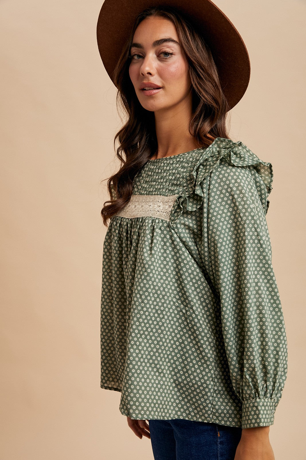 Forest Pintuck Smocked Blouse