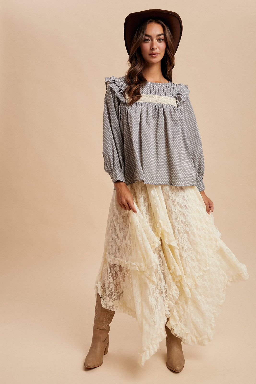 Grey Pintuck Smocked Blouse