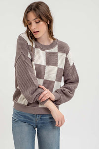 Grey Checkered Knit Top